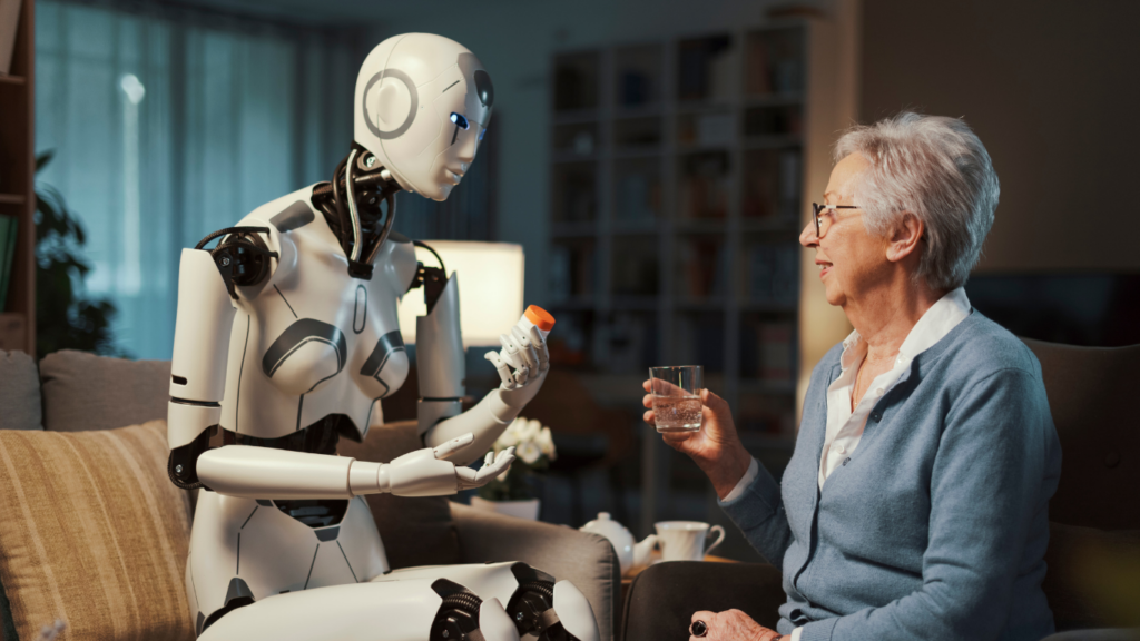A humanoid robot assisting an elderly woman with medication at home.